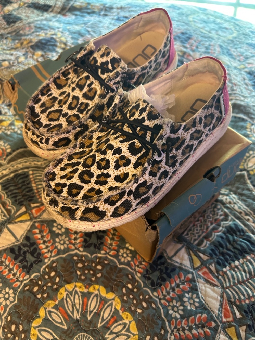 Hey Dude Kids Leopard Print Slip-Ons with Pink Accents